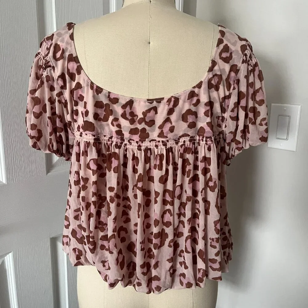 Free People Meg's Blouse Pink Leopard Cropped Mesh Pleated Safari Boho Chic M